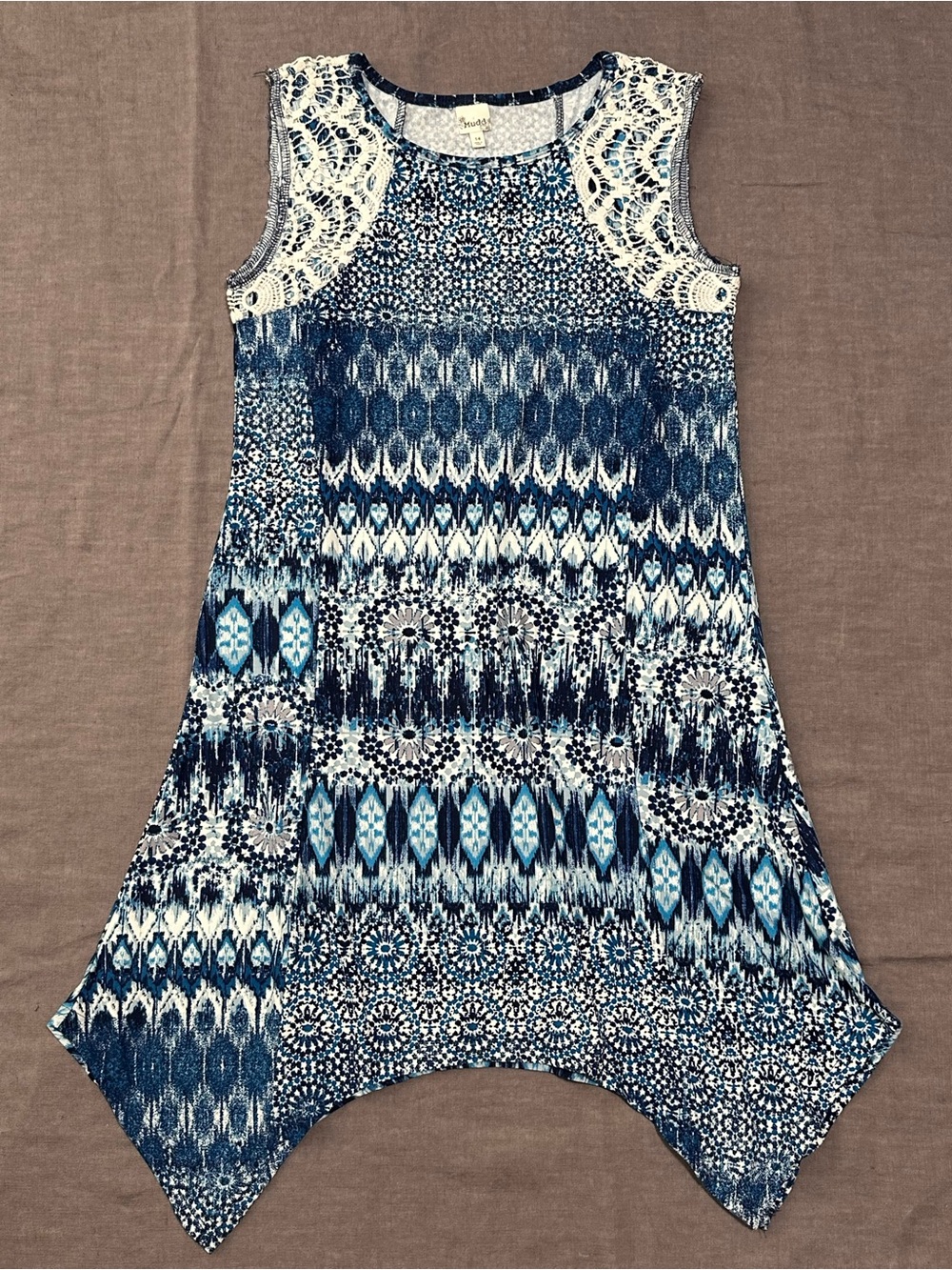 Mudd Blue/White/Black Sleeveless Dress with Crochet Detail